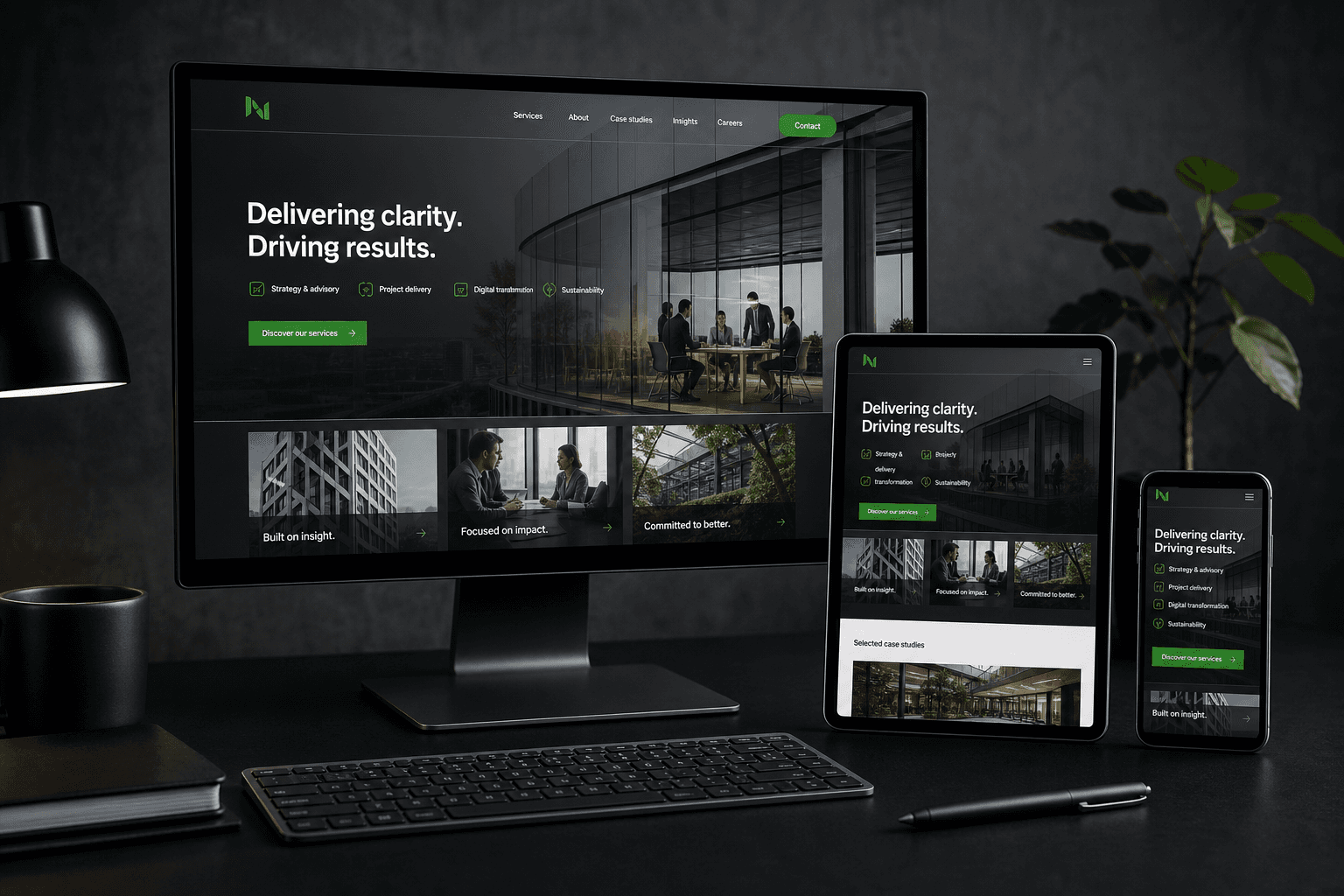 A professional service-business website adapting across desktop, tablet and mobile